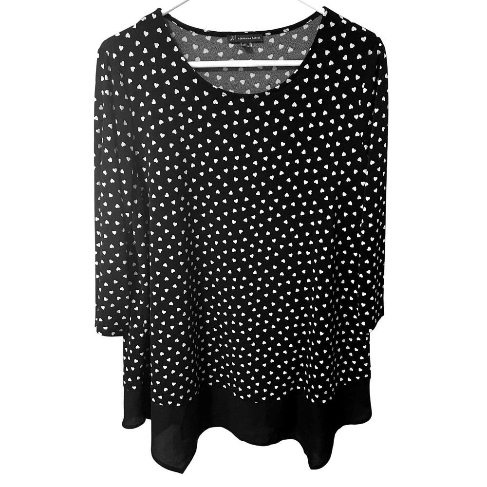Adrianna Papell Womens 1X Black Heart Print 3/4 Sleeve Sharkbite Hem Top Boho
